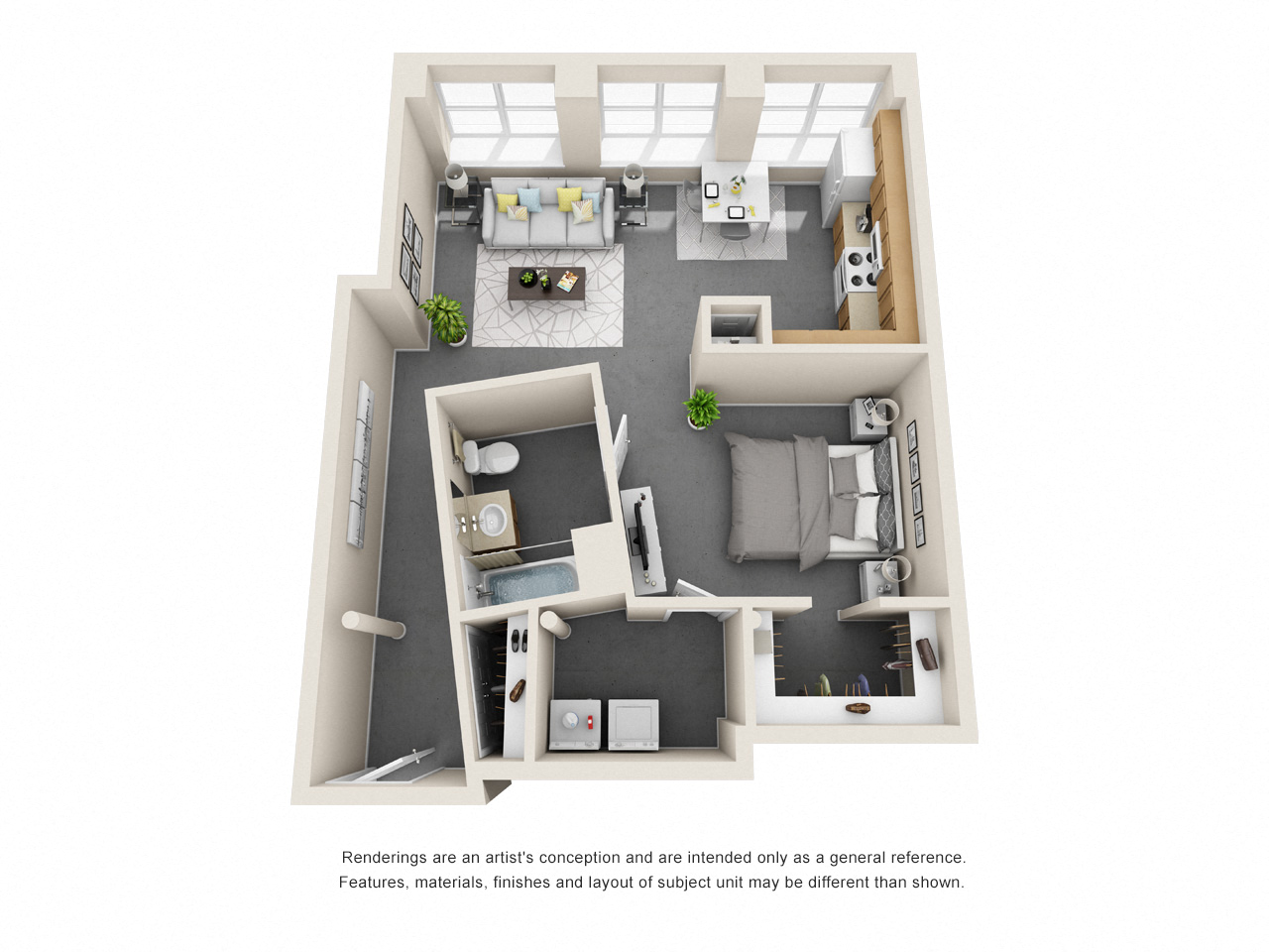 Floor plan for 1 bed, 1 bath, 974 sqft